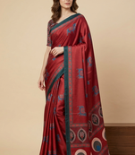 Red printed satin saree with blouse piece