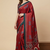 Red printed satin saree with blouse piece