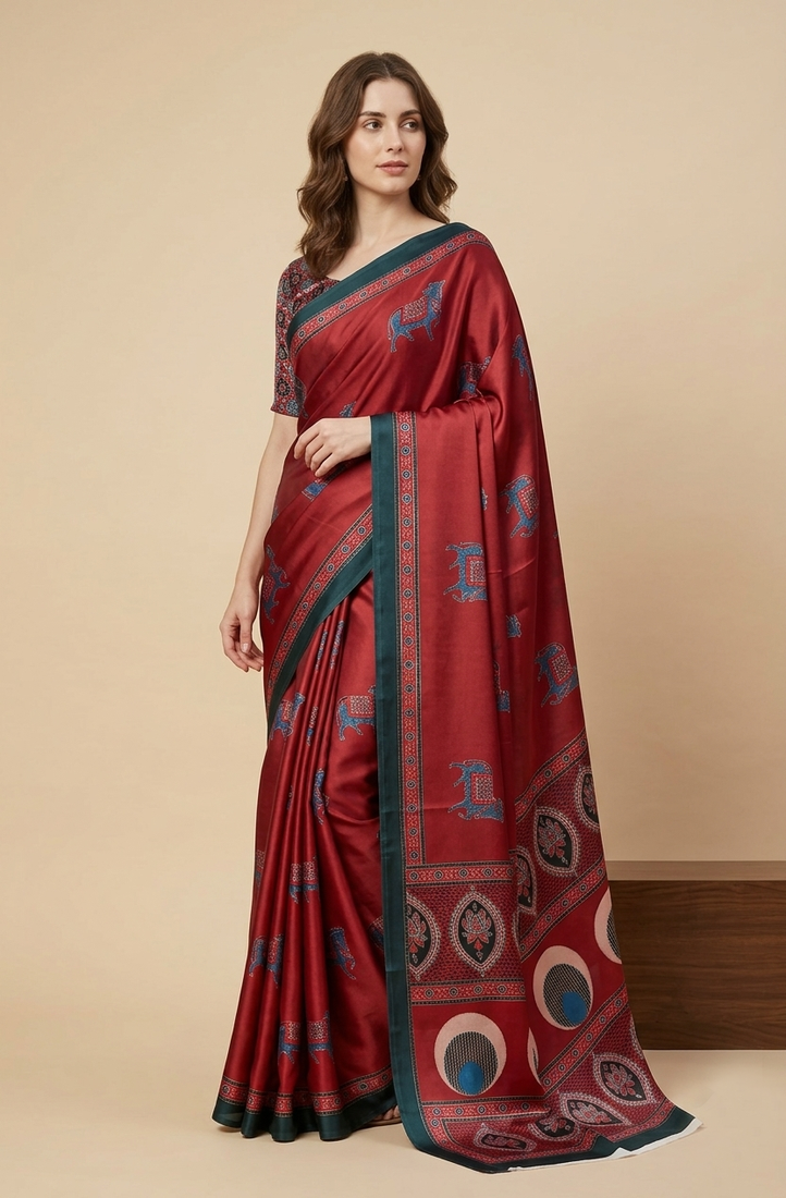Red printed satin saree with blouse piece
