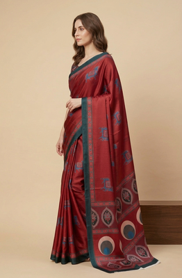 Red printed satin saree with blouse piece 2