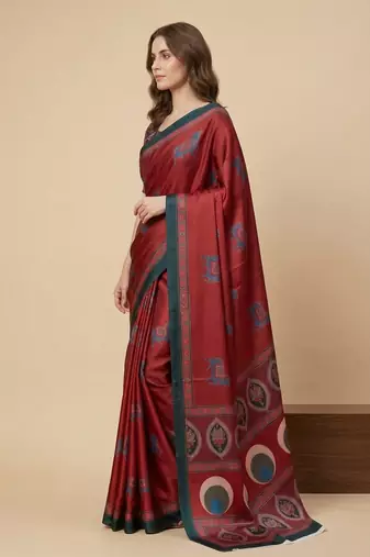 Red printed satin saree with blouse piece