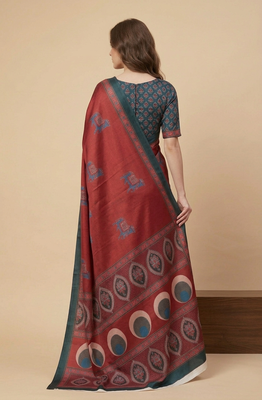 Red printed satin saree with blouse piece 3