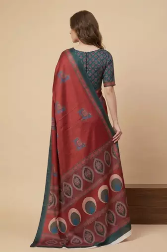 Red printed satin saree with blouse piece