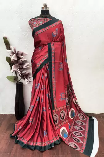 Red printed satin saree with blouse piece