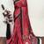 Red printed satin saree with blouse piece