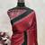 Red printed satin saree with blouse piece
