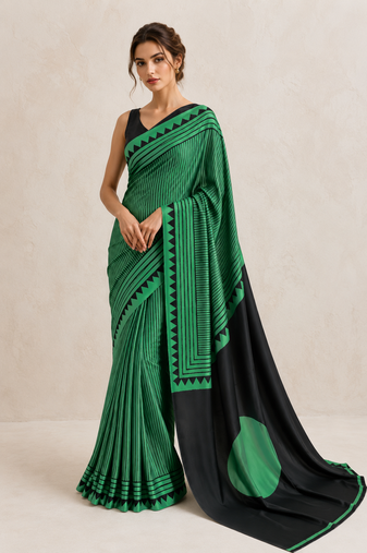 Green printed satin saree with blouse piece