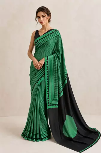 Green printed satin saree with blouse piece
