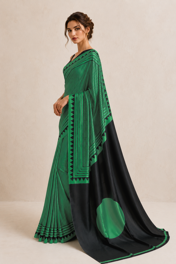 Green printed satin saree with blouse piece