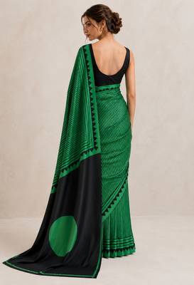 Green printed satin saree with blouse piece 3