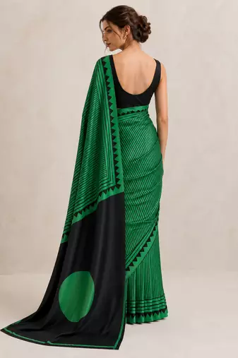 Green printed satin saree with blouse piece