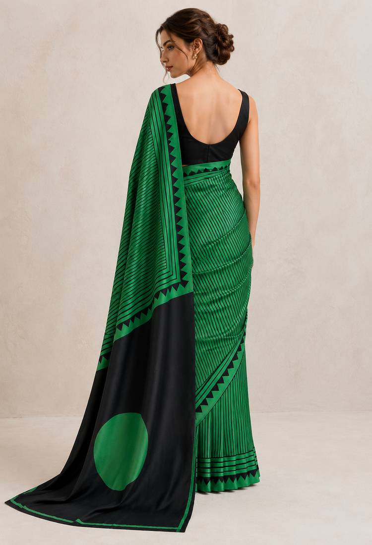 Green printed satin saree with blouse piece