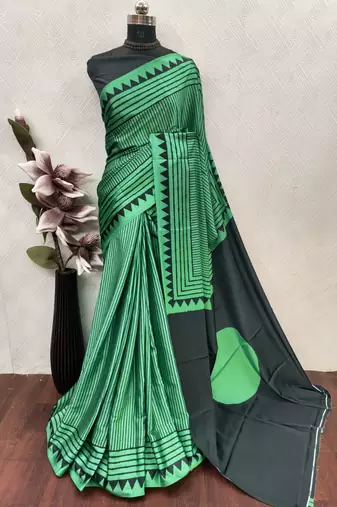 Green printed satin saree with blouse piece