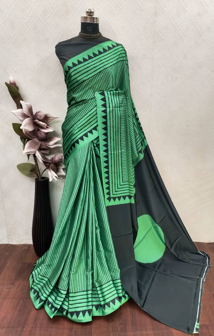 Green printed satin saree with blouse piece