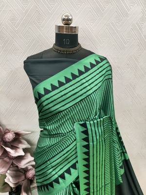 Green printed satin saree with blouse piece 5