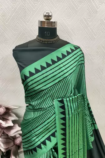 Green printed satin saree with blouse piece