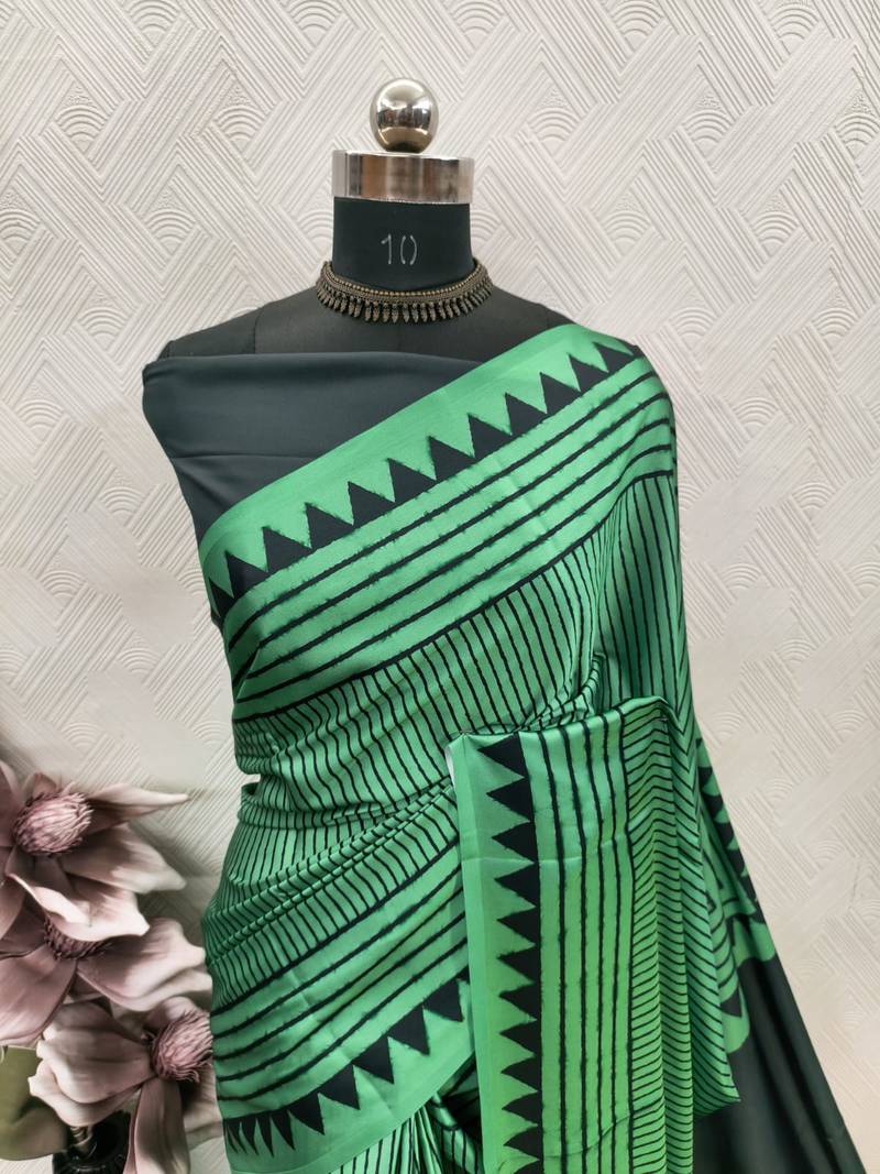 Green printed satin saree with blouse piece