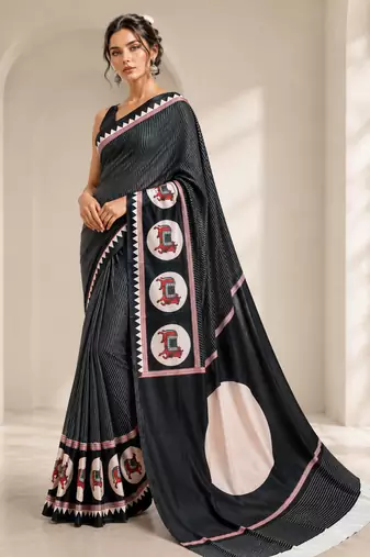 Black printed satin saree with blouse piece