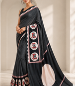 Black printed satin saree with blouse piece