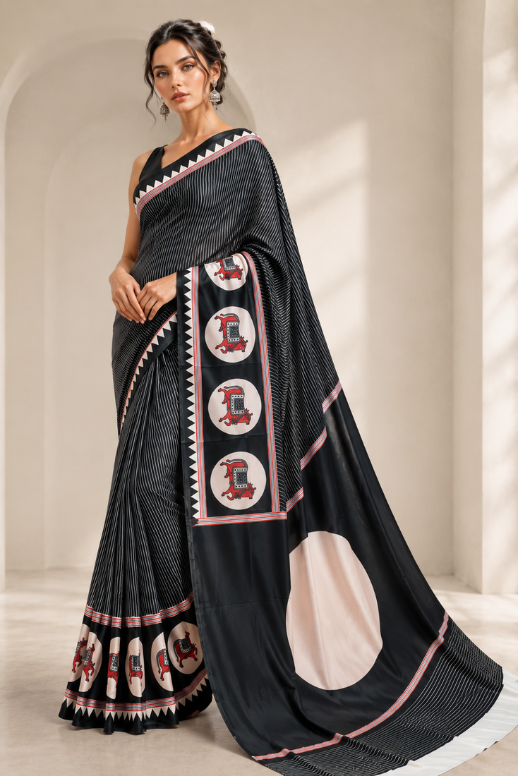 Black printed satin saree with blouse piece