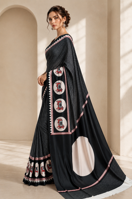 Black printed satin saree with blouse piece 2