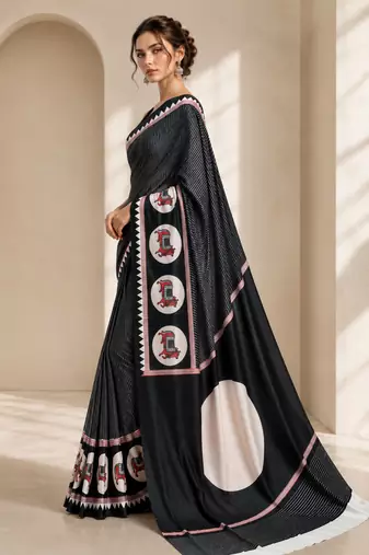 Black printed satin saree with blouse piece