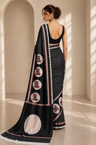 Black printed satin saree with blouse piece