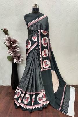 Black printed satin saree with blouse piece 4