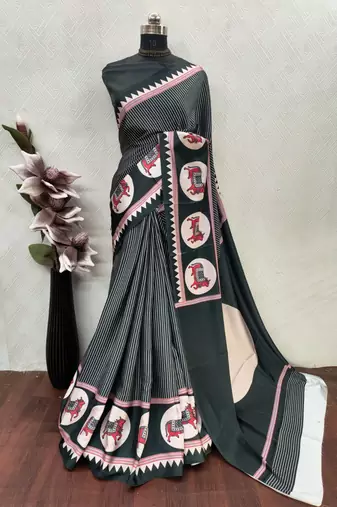 Black printed satin saree with blouse piece