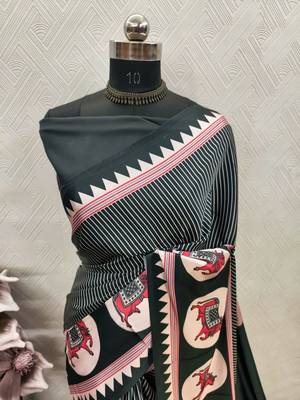 Black printed satin saree with blouse piece 5