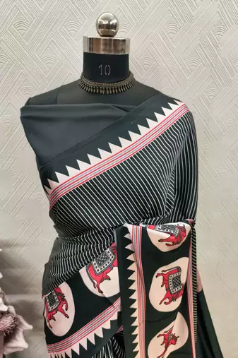 Black printed satin saree with blouse piece
