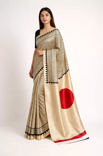 Beige printed satin saree with blouse piece