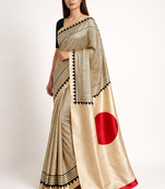 Beige printed satin saree with blouse piece