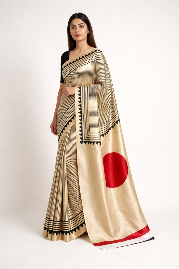Beige printed satin saree with blouse piece