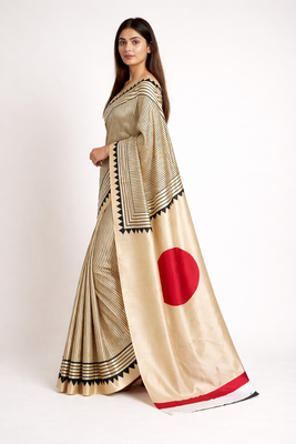 Beige printed satin saree with blouse piece 2