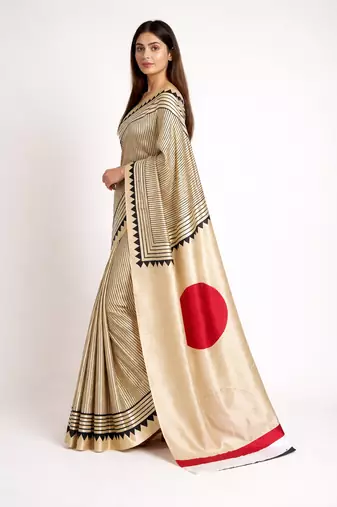 Beige printed satin saree with blouse piece