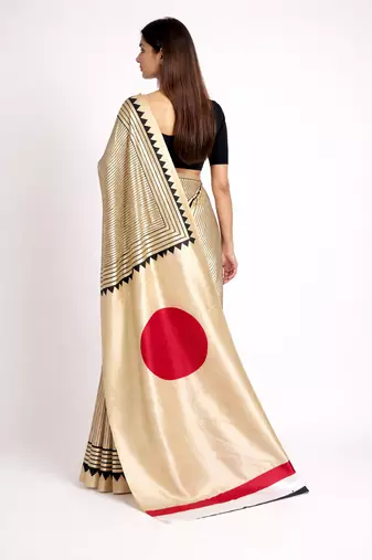 Beige printed satin saree with blouse piece