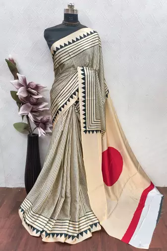 Beige printed satin saree with blouse piece