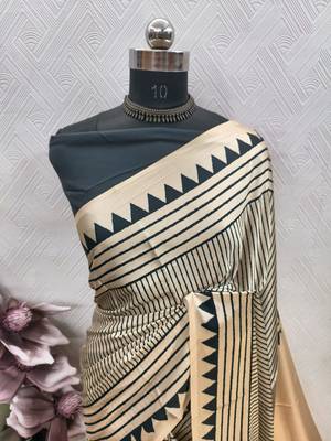 Beige printed satin saree with blouse piece 5