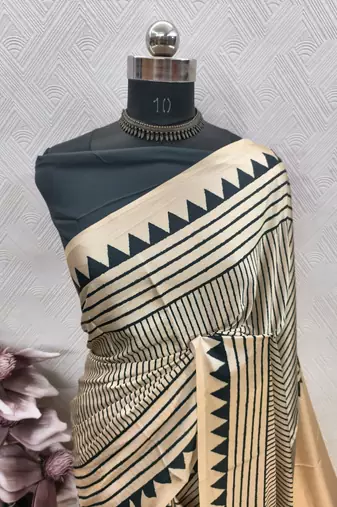 Beige printed satin saree with blouse piece
