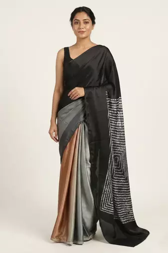 Black printed satin saree with blouse piece