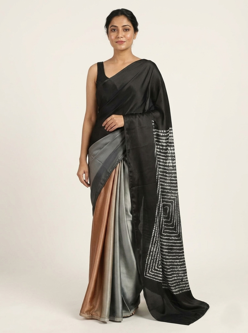 Black printed satin saree with blouse piece