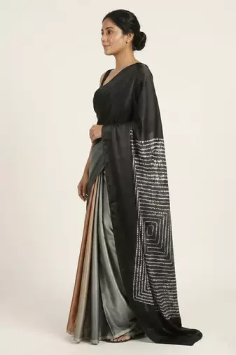 Black printed satin saree with blouse piece