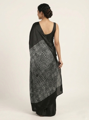 Black printed satin saree with blouse piece 3