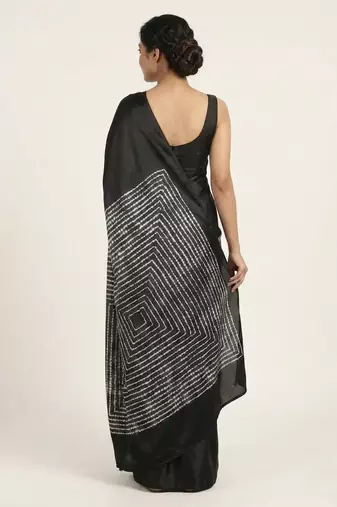 Black printed satin saree with blouse piece