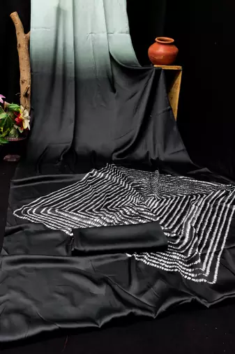 Black printed satin saree with blouse piece