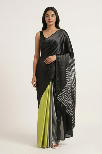 Black printed satin saree with blouse piece