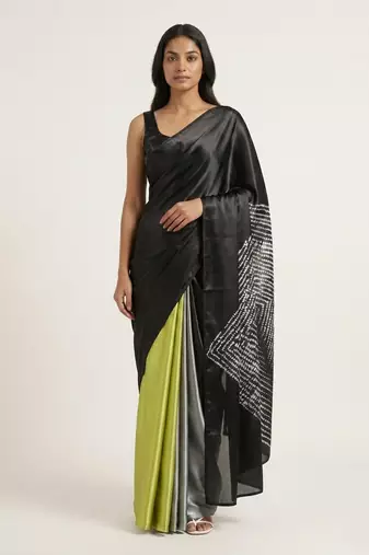 Black printed satin saree with blouse piece
