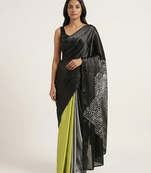 Black printed satin saree with blouse piece