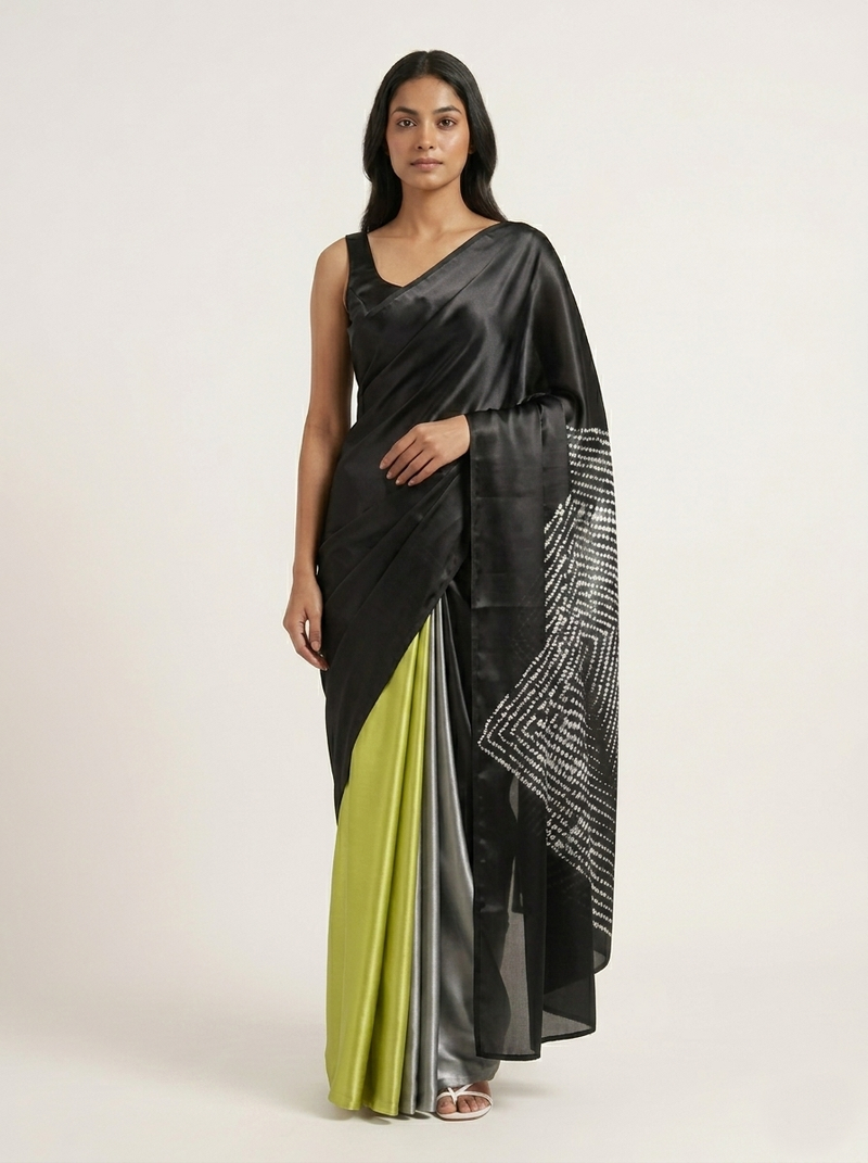Black printed satin saree with blouse piece